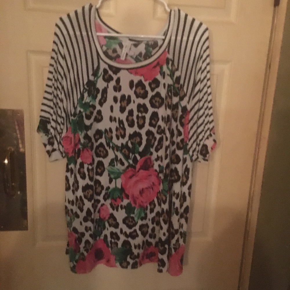 Floral Leopard Print Raglan Sleeve Top - Pink/Green
